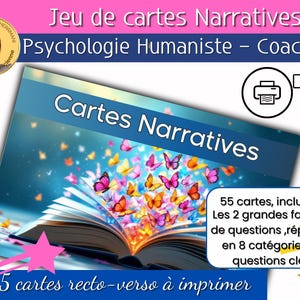 Könnte beinhalten: Ein Kartenspiel namens "Cartes Narratives" mit blauem Cover, zeigt ein offenes Buch mit Schmetterlingen. Der Text in französischer Sprache weist auf 55 Karten mit Schlüsselfragen für Coaching und Psychologie hin.