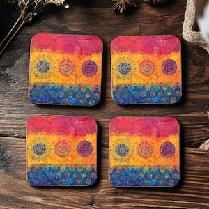 Vibrant Batik Mandala Design Coasters Set of 4, Colorful Boho Drink Coasters Cork, Mandala Home Decor 4&quot;x4&quot; Square Coasters for Coffee Table