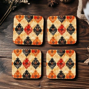 Set of 4 Ethnic Terra Cotta Pattern Coasters, Boho Coasters with Cork Bottom, 4&quot;x4&quot; Square Coasters for Coffee Table, Rustic Home Decor Gift