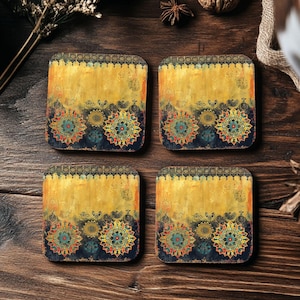 Mandala Batik Coasters Set of 4, Vintage Square Drink Coasters with Cork Bottom, 4&quot;x4&quot; Coasters for Coffee Table, Boho Mandala Home Décor