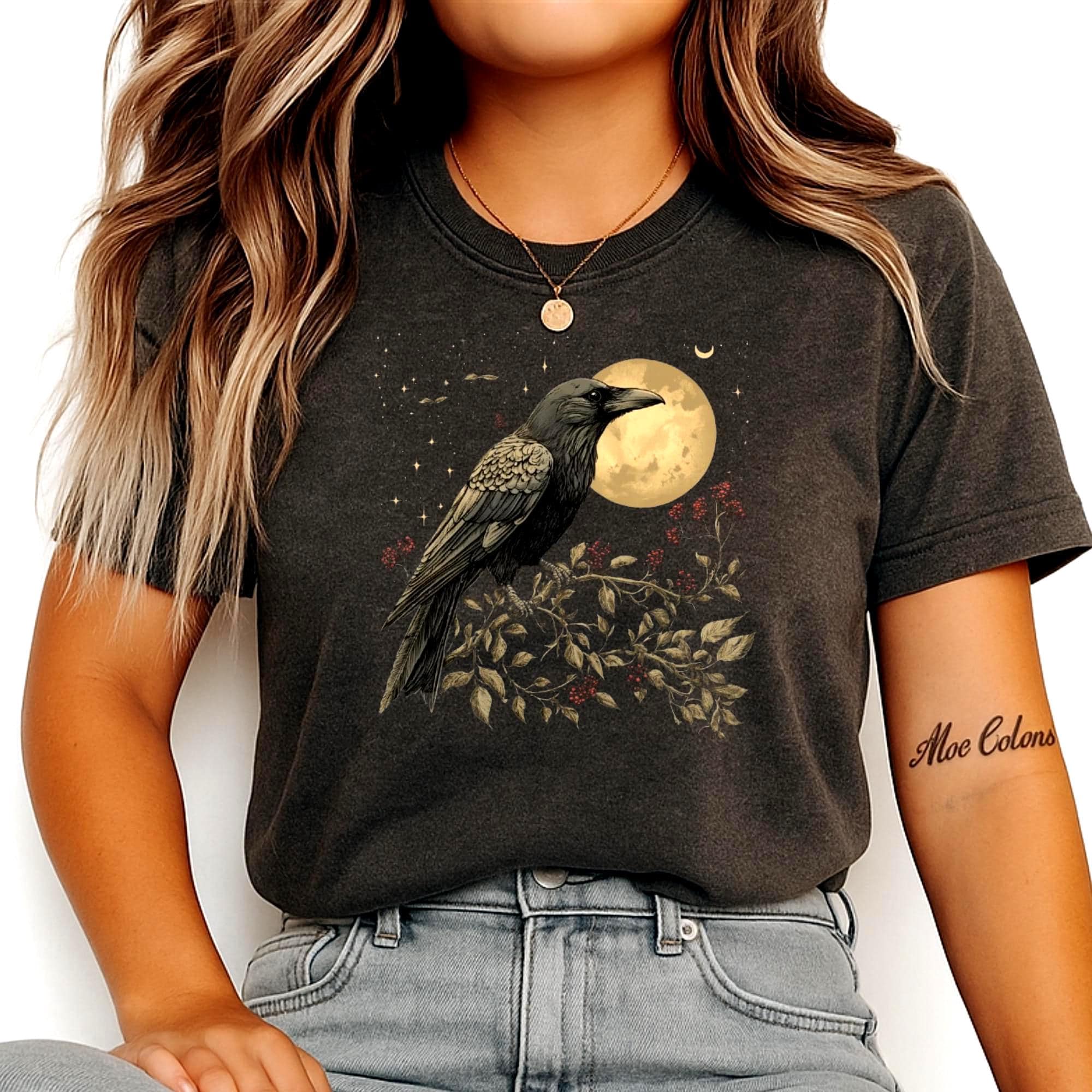 Celestial Raven Moon Shirt Comfort Colors, Vintage Gothic Bird T-Shirt, Occult Nature Graphic Tee, Mystical Night Sky Witchy Shirt
