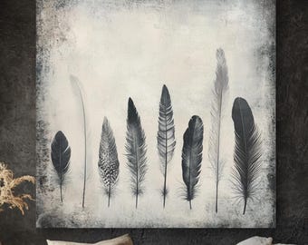 Cuadro de plumas estilo boho, lienzo de naturaleza etérea, decoración de pared boho, estampado minimalista de plumas, regalo espiritual para ella, acento rústico para el hogar