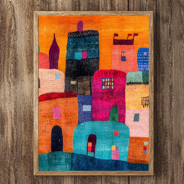Kleurrijk dorp kunst aan de muur, volksstadsgezicht ingelijst canvas, levendige architecturale kunstwerken print, eclectische boho woondecoratie