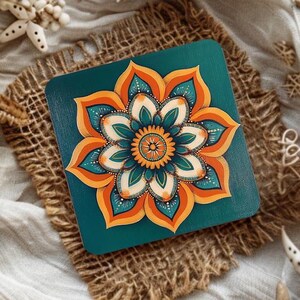 Funky Mandala Coasters Set of 4, Hippie Mandala Coffee Coaster, Housewarming Gift, Square Stone Coaster, Stone Coasters, Christmas Gifts
