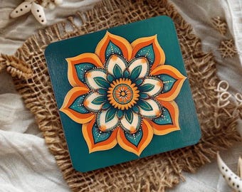 Juego de 4 posavasos con mandalas originales, posavasos de café con mandalas estilo hippie, regalo de inauguración de casa, posavasos cuadrados de piedra, posavasos de piedra, regalos de Navidad
