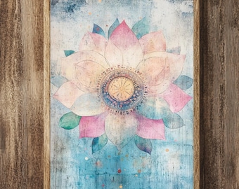 Boho Mandala Flower Wall Art, Portrait Wooden Framed Canvas, Bohemian Flower Mandala Poster, Boho Home Decor for Living Room, Mandala Print