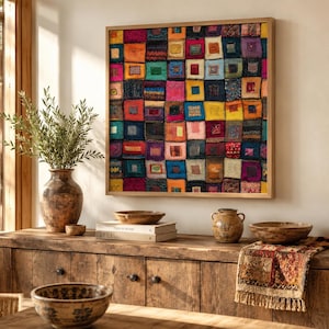 Tribal Quilt Framed Canvas, Boho Patchwork Wall Art, Colorful Textile Print, Artwork, Eclectic Square Artwork, Maximalist Living Room Decor
