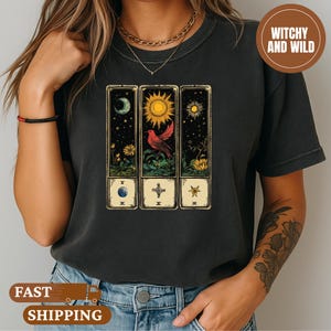 Celestial Tarot Shirt Comfort Colors, Vintage Sun Moon Bird T-Shirt, Mystical Oracle Card Tee, Cosmic Witchy Aesthetic Top