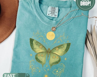 Celestial Butterfly T-Shirt, Mystical Moon and Stars Comfort Colors Shirt, Boho Fantasy Insect Tee, Spiritual Nature Graphic Shirt