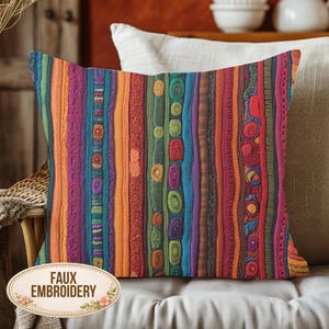 Vibrant Faux Embroidered Stripe Pillow, Boho Rainbow Fabric Cushion, Global Pattern Throw Pillow, Eclectic Couch Decor Accent