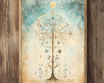Puede incluir: Una impresión de arte mural enmarcada que presenta un árbol dorado central con ramas y raíces intrincadas, sobre un fondo degradado de azul suave y crema. El árbol está rodeado de delicados motivos florales, adornos colgantes y estrellas.