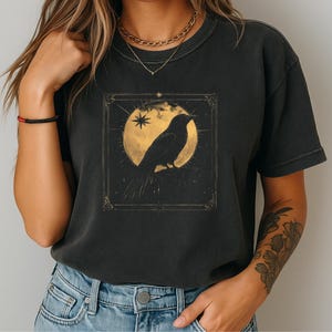 Celestial Raven Shirt Comfort Colors, Vintage Gothic Crow T-Shirt, Mystic Moon Graphic Tee, Occult Bird Aesthetic Dark Art Shirt image 2