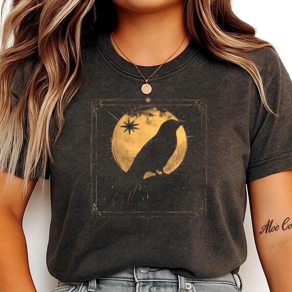 Celestial Raven Shirt Comfort Colors, Vintage Gothic Crow T-Shirt, Mystic Moon Graphic Tee, Occult Bird Aesthetic Dark Art Shirt