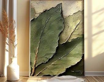 Layered Botanical Leaves Wooden Framed Canvas Wall Art, Nature-Inspired Green Texture Print, Rustic Earthy Home Decor