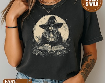 Witch Reading Shirt Comfort Colors, Vintage Spellbook Moon T-Shirt, Mystical Gothic Witchy Tee, Dark Academia Occult Aesthetic Top