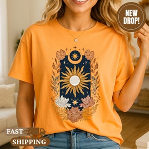 Boho Sun and Moon Floral Shirt, Celestial Comfort Colors Tee, Mystic Botanical Graphic Tee, Spiritual Vintage Style Shirt Gift