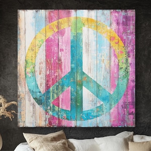 Boho, znak pokoju na ścianie, płótno w stylu retro hippie, kolorowy nadruk z symbolami, rustykalny wystrój z drewna, prezent dla Free Spirits, boho, akcent w domu