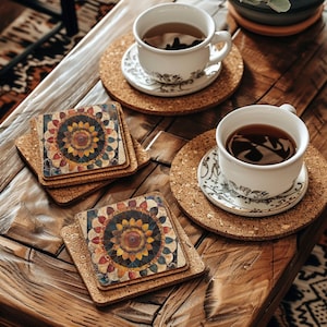 Vintage Mandala Batik Coasters Set of 4, Square Drink Coasters with Cork Bottom, 4&quot;x4&quot; Coasters for Coffee Table, Boho Mandala Home Décor