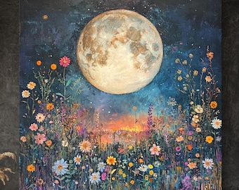 Moonlit Wildflowers Boho Wall Art, Bohemian Field of Flowers, Boho Art Print, Boho Gifts