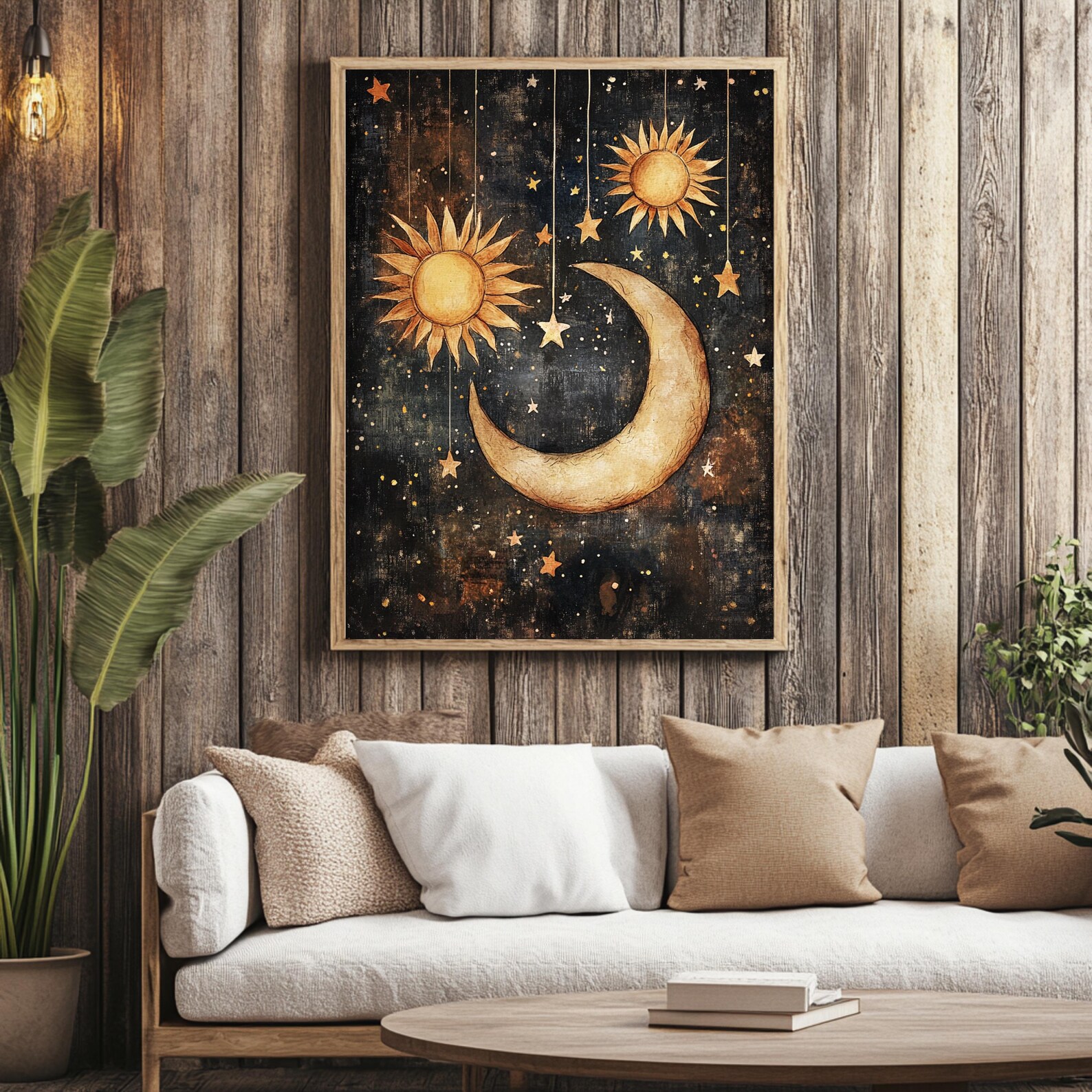 Boho Celestial Wall Art, Vintage Sun and Moon Canvas, Boho Star Decor ...