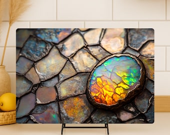 May include: A rectangular decorative panel featuring a close-up of a colorful gemstone set against a mosaic of stone tiles. The gemstone displays vibrant hues of yellow, orange, green, and blue. The panel is displayed on a black metal stand.