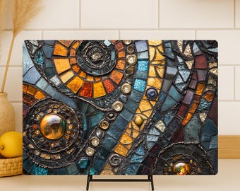 May include: A rectangular mosaic art piece with a vibrant design. The artwork features a mix of orange, blue, and brown tiles, with metallic accents and spiral patterns. It is displayed on a black metal stand.