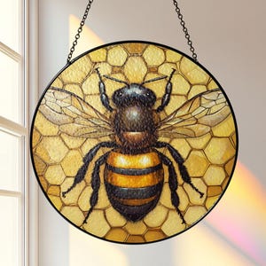 Stained Glass Look Boho Suncatcher, Honeycomb Window Hanging, Acrylic Sun Catcher, Bumblebee Decor, Gift For Bee Lovers, Sunlight Ornament