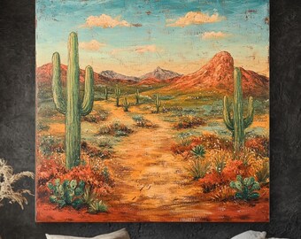 Arte mural de cactus del desierto, lámina de paisaje bohemio del suroeste, póster de naturaleza en terracota, decoración rústica del desierto, arte vintage del oeste.