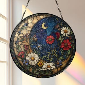 Mystical Floral Crescent Suncatcher, Acrylic Sun Catcher, Stained Glass Look, Boho Moon Window Art, Gift For Her, Spiritual Home Decor