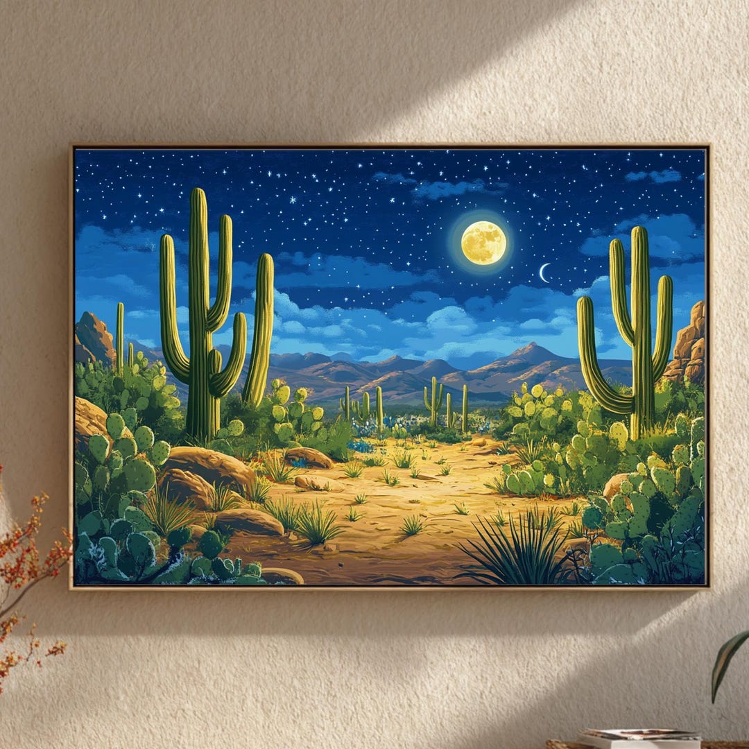 Desert Moon Wall Art, Southwestern Night Landscape Print, Cactus Desert ...