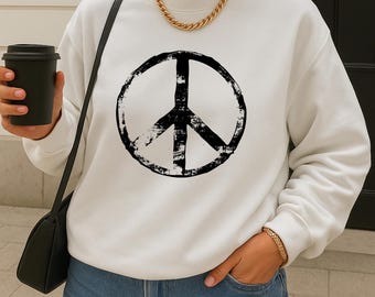 Hippie Peace Sign Sweatshirt, Retro Womens Gildan 18000 Crewneck, Vintage Graphic Pullover, Distressed Bohemian Sweater Gift for Her