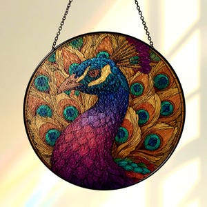 Boho Peacock Suncatcher, glas-in-loodraam hangend, acryl zonnevanger, levendige vogelkunst, decor boho, kleurrijke zonlichtbedel