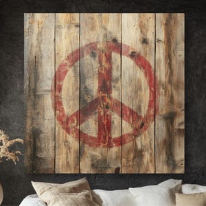 Rustykalna grafika ścienna z symbolem pokoju, wydruk na drewnie w stylu vintage, wystrój w stylu boho hippie, płótno z symbolem pokoju, prezent dla Free Spirits, idealne do przytulnych przestrzeni