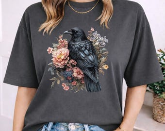 Raven Floral Boho Comfort Colors T Shirt, Gothic Bird Shirt, Dark Botanical Raven Tee, Vintage Crow Floral Graphic TShirt