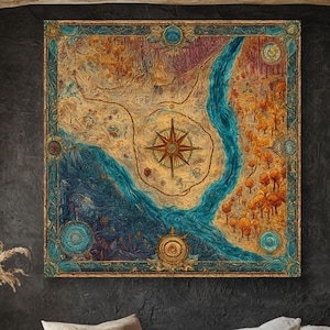 Mystische Wanderkarte Quadratische Leinwand Kunst, Fantasy Abenteuer Wanddekoration, Magisches Entdecker Poster Druck, Boho Mystische Wandkunst