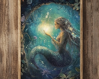 光るマーメイドウォールアート、魅惑の海のキャンバス、神秘的な水中ポスター、沿岸のフェアリーコア装飾用のファンタジー海の額入りキャンバス
