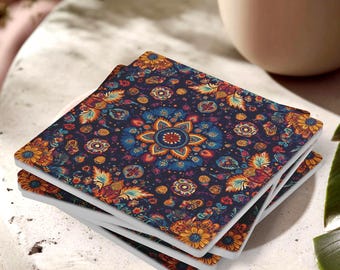 Juego de 4 posavasos cuadrados de piedra con diseño bohemio, rústicos y absorbentes, elegante decoración de mesa, regalo moderno y bohemio para el hogar.