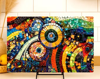 Abstract Mosaic Cutting Board, Bohemian Glass Counter Art, Colorful Geometric Kitchen Decor, Modern Boho Serving Tray, Unique Artistic Gift