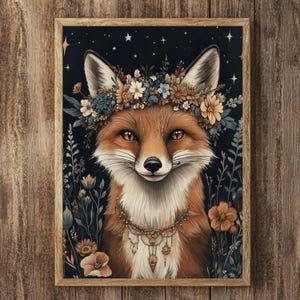 Woodland Boho Fox Wall Art, Portrait Framed Canvas, Fox Animal Print for Nursery or Home, Bohemian Animal Wall Decor, Boho Floral Decor