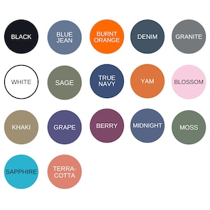 a collection of color circles representing various shades of black, blue, orange, denim, gray, white, green, purple, pink, and blue.
