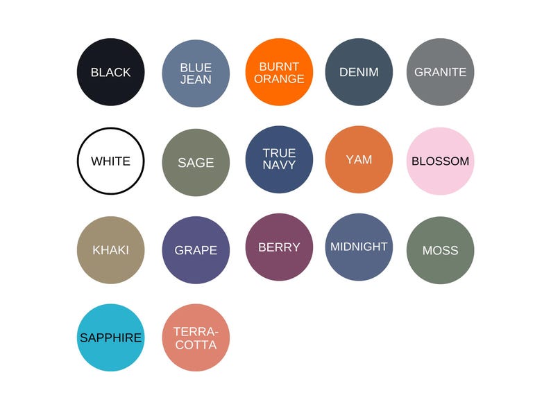 a collection of color circles representing various shades of black, blue, orange, denim, gray, white, green, purple, pink, and blue.