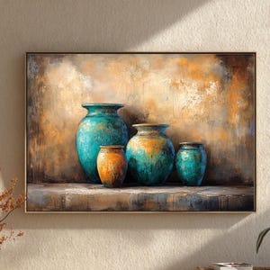 May include: An abstract painting featuring four decorative vases. The vases are in shades of teal and orange, with a textured, aged appearance. The background has a warm, neutral color palette, enhancing the artwork's rustic charm.