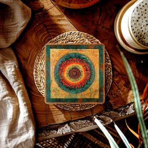 Coasters Set of 4 Vintage Mandala Batik, Square Drink Coasters with Cork Bottom, 4&quot;x4&quot; Coasters for Coffee Table, Boho Mandala Home Décor