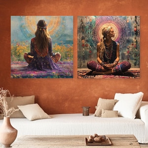 Divine Feminine Boho Wall Art, Set of 2 Yoga Woman Prints, Spiritual Meditation Decor, Framed Canvas Art, Zen Yoga Room Canvas Wall Decor