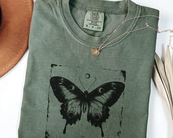 Butterfly Graphic Comfort Colors Shirt, Vintage Moon Moth Tee, Boho Nature T-Shirt, Mystical Insect Top, Celestial Bohemian Shirt Gift