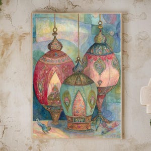 May include: Watercolor painting of three ornate, colorful lanterns with intricate patterns, hanging against a soft, abstract background. The lanterns are in shades of red, pink, and teal, with gold accents. A small blue bird is at the bottom.