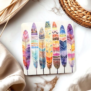 Boho Feather Coasters Set of 4, Watercolor Rainbow Feathers Cork Coaster, Tribal-Inspired Table Decor, Colorful Bohemian Home Gift Idea