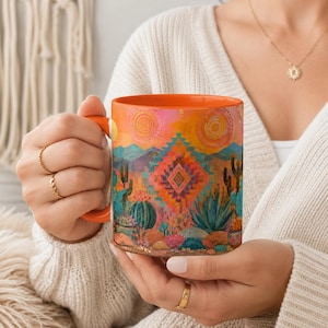 Vibrant Cactus Accent Mug, Southwestern Desert Landscape Drinkware, Boho Kitchen Decor, Plant Lovers Coffee Cup, Earthy Ceramic Mugs