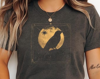 Celestial Raven Shirt Comfort Colors, Vintage Gothic Crow T-Shirt, Mystic Moon Graphic Tee, Occult Bird Aesthetic Dark Art Shirt