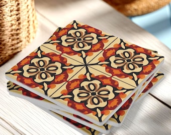 Retro Tile Coasters Set of 4, Vintage-Inspired Warm Earth Tone Cork Coasters, Midcentury Kitchen Decor, Geometric Drink Pads Gift